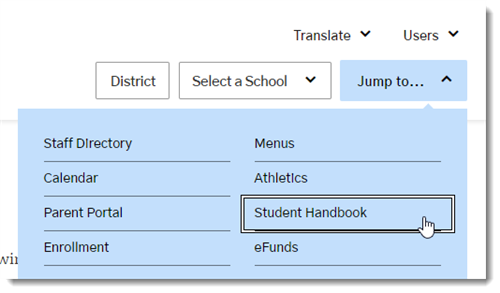 screenshot of student handbook shortcut under jump to menu