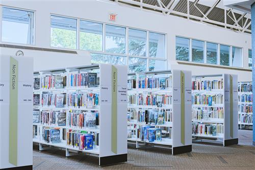 shelves of books in the high school library 